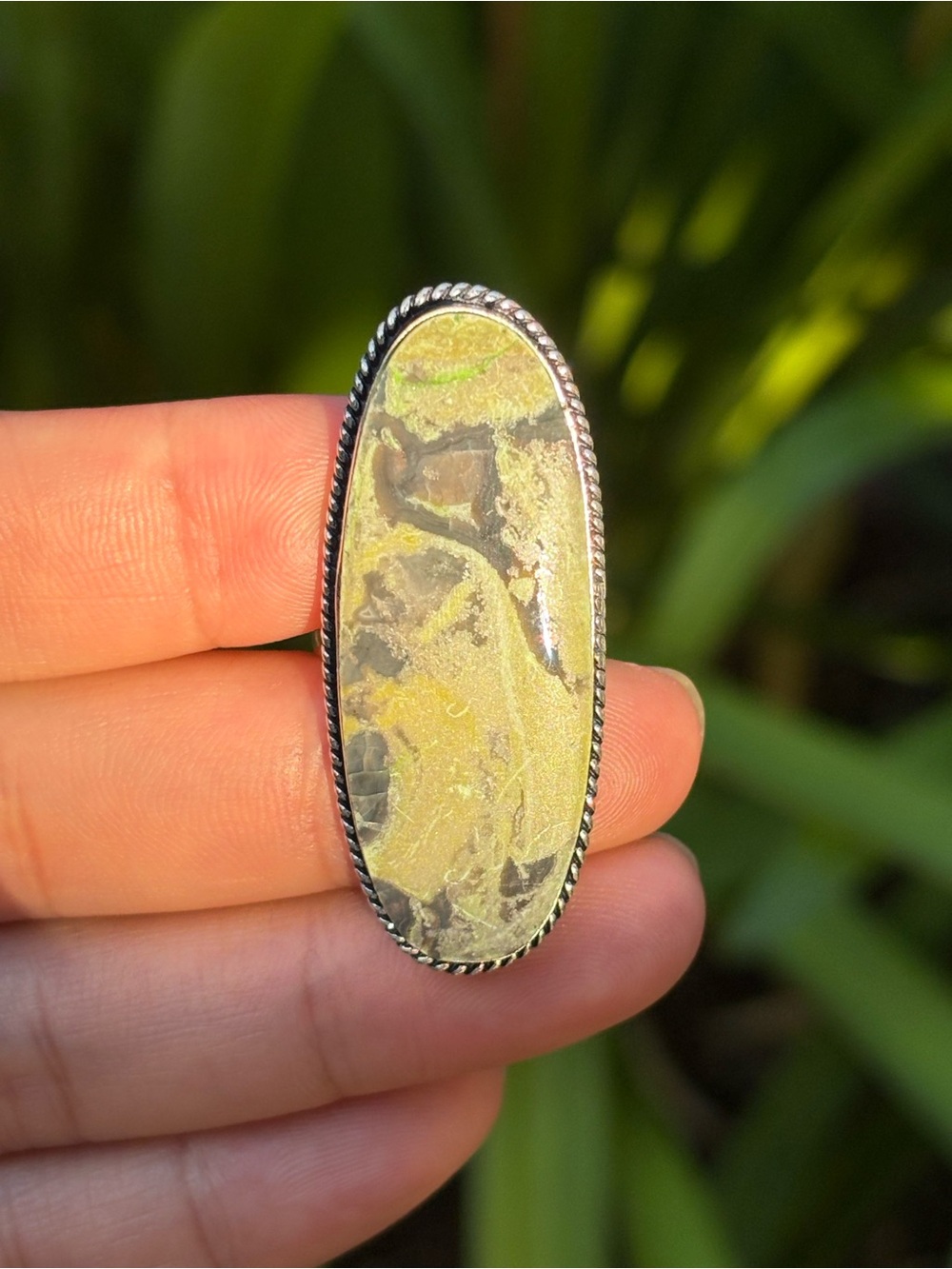 SIZE 6.6 Long Yellow Green Jasper Statement Ring 925 Silver Plated ZZRG00031